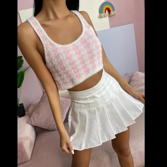 2pcs Set Drop Shoulder Long Sleeve Front Button Houndstooth Knit Cardigan Pink S - Picture 5 of 6